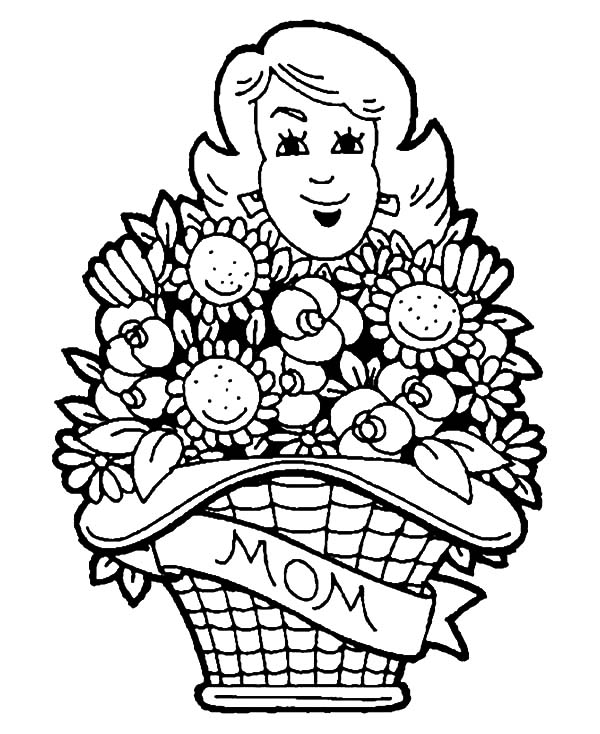 Basket of Flowers, : Mothers Day Basket of Flowers Coloring Pages