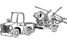Car Transporter, Car Transporter Pulling A Trailer With Landscape And Concrete Equipment Coloring Pages: Car Transporter Pulling a Trailer with Landscape and Concrete Equipment Coloring Pages